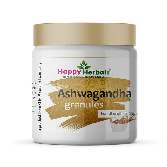 Ashwagandha Granules: Happy Herbals' natural vitality boost. Packed with pure ashwagandha, it promotes overall wellness. Embrace nature for renewed energy.