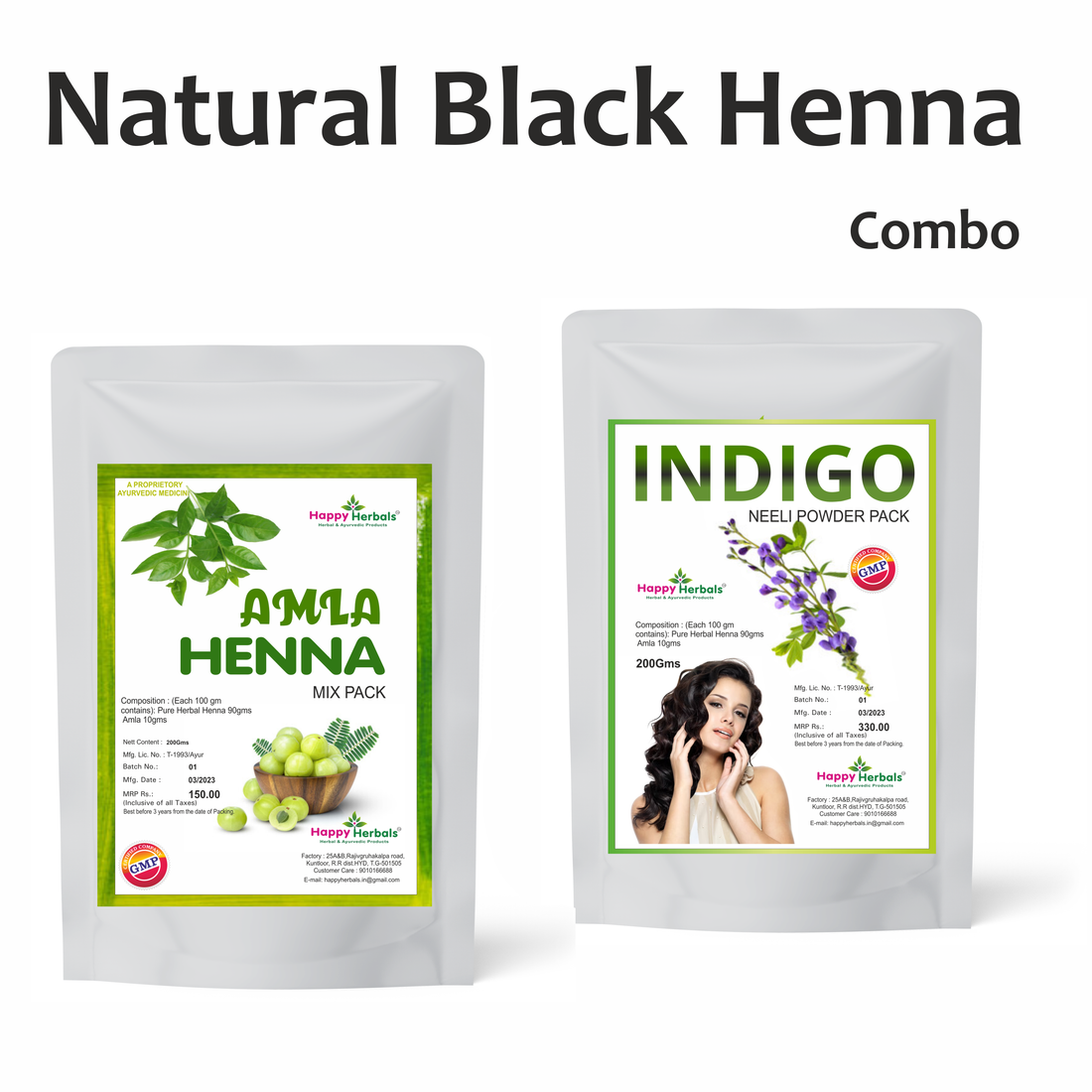 Enhance your hair naturally with Happy Herbals' Natural Black Henna Combo, a blend of pure ingredients meticulously crafted to provide rich color and nourishment, offering a natural solution for vibrant, healthy-looking hair with no compromise on quality.