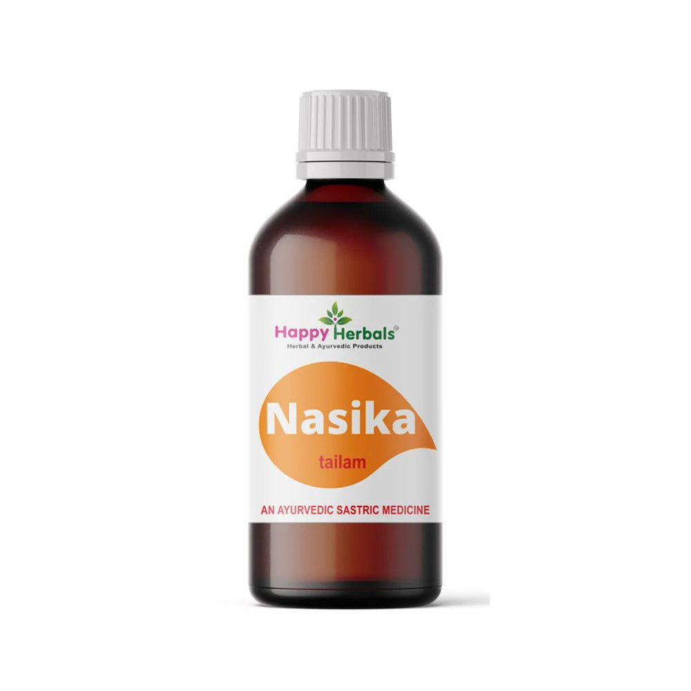 Experience clarity and comfort with Happy Herbals' Nasika Tailam, an Ayurvedic nasal oil meticulously crafted to promote sinus health and soothe nasal passages, offering a natural solution for clear breathing and overall well-being.