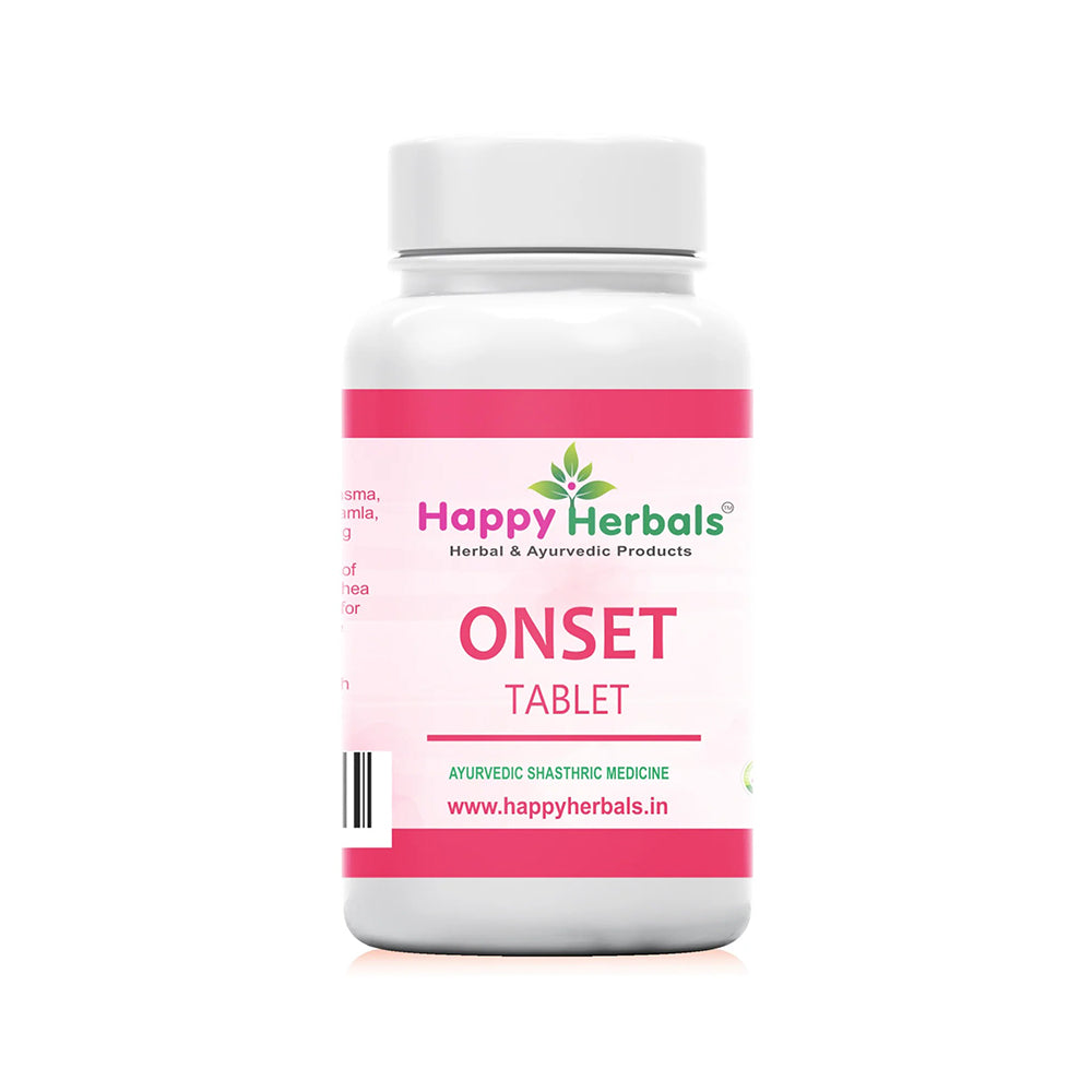 Experience relief with HappyHerbals' Onset Tablets. Formulated to alleviate symptoms effectively, these tablets offer natural support for various health concerns. Trust HappyHerbals for quality and efficacy in every dose.
