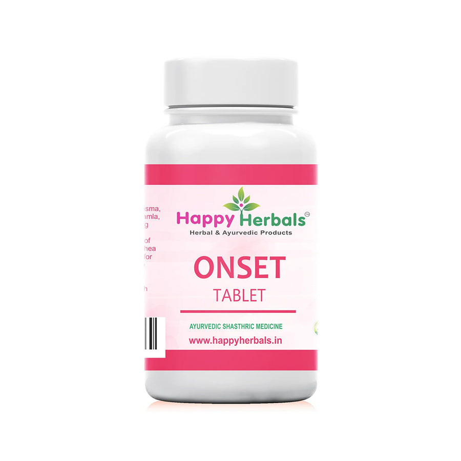 Experience relief with HappyHerbals' Onset Tablets. Formulated to alleviate symptoms effectively, these tablets offer natural support for various health concerns. Trust HappyHerbals for quality and efficacy in every dose.