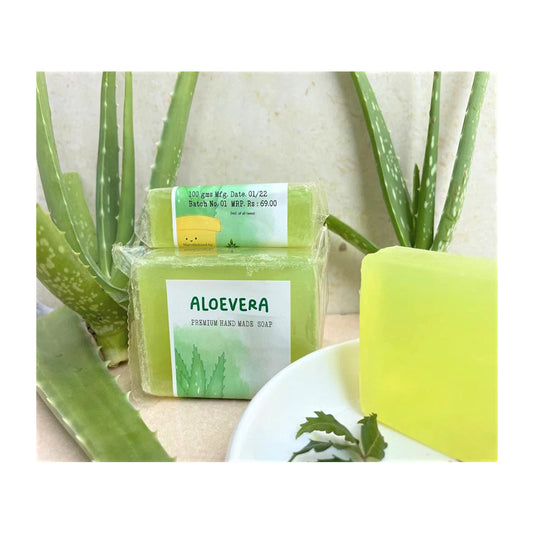 Aloe Vera and Neem Herbal Handmade Soap: Happy Herbals' natural cleansing bar. Infused with soothing aloe vera and purifying neem, it gently cleanses and nourishes the skin. Embrace nature for a refreshing cleanse.