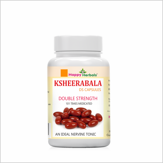 Experience relief and relaxation with Happy Herbals' Ksheerabala Capsules, an Ayurvedic blend formulated to support joint and muscle health, promoting flexibility and comfort for a rejuvenated lifestyle.