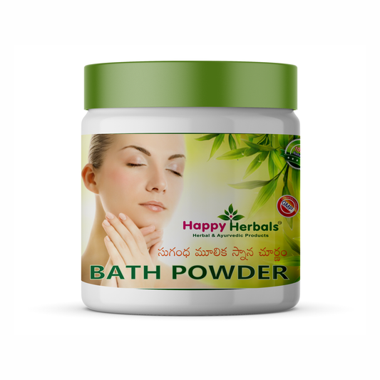 Bath Powder: Happy Herbals' natural cleansing blend. Made with gentle ingredients, it refreshes and soothes the skin. Embrace nature for a rejuvenating bath experience.