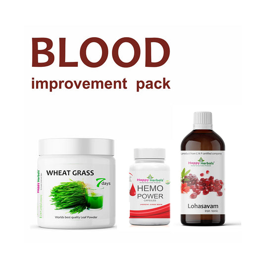 Blood Improve Pack: Happy Herbals' holistic solution for blood health. Featuring Wheatgrass Powder, Hemo Power Capsules, and Lohasavam, it promotes overall vitality. Embrace nature for a healthier blood system