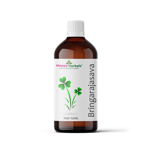 Bringarajasava: Happy Herbals' hair tonic. Infused with Bringaraja, it nourishes hair follicles for stronger, healthier strands. Embrace nature for vibrant hair.