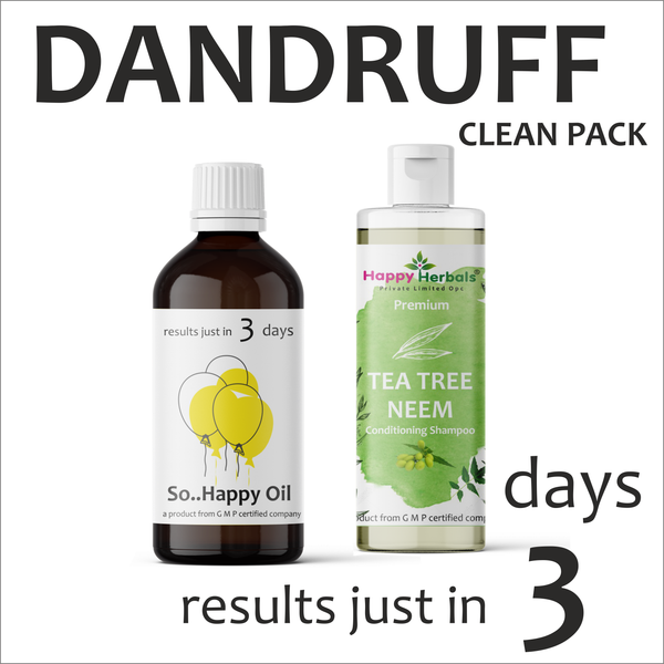 Dandruff Clean Pack: Happy Herbals' solution for dandruff-free hair. This pack contains a curated selection of natural products designed to cleanse and nourish the scalp, promoting healthier hair. Embrace nature for a flake-free scalp.