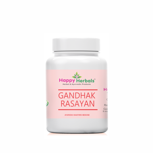 "Gandhak Rasayan Tablets: Happy Herbals' traditional remedy for skin health. Crafted with Gandhak (sulfur) and natural ingredients, it supports clear and radiant skin. Embrace nature for skin rejuvenation."