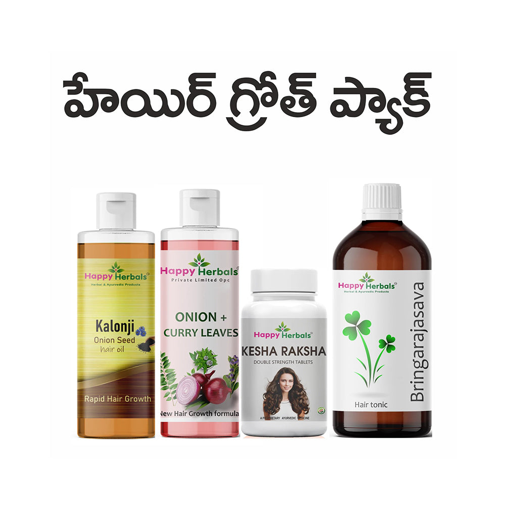 "Hair Growth Pack: Happy Herbals' comprehensive solution for hair health. This pack combines natural supplements and topical treatments to promote hair growth and vitality. Embrace nature for thicker, healthier hair."