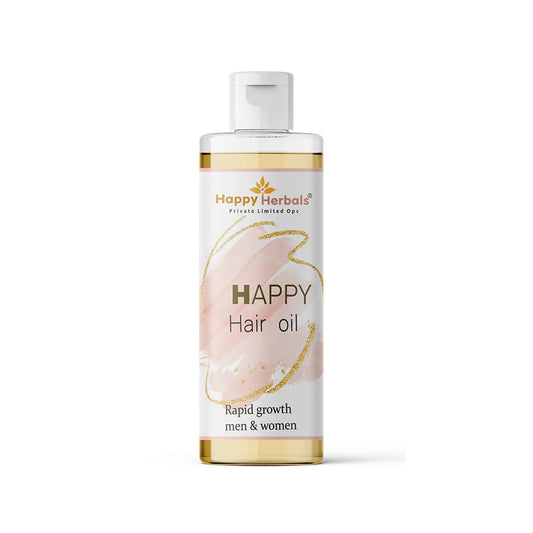 "Happy Hair Oil: Happy Herbals' nourishing elixir for hair. Infused with natural ingredients, this oil promotes healthy hair growth and vitality. Embrace nature for vibrant, luscious locks."