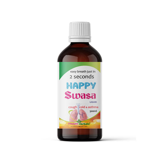 Happy Swasa: Happy Herbals' respiratory support. Crafted with natural ingredients, it promotes healthy breathing and lung function. Embrace nature for clearer airways.