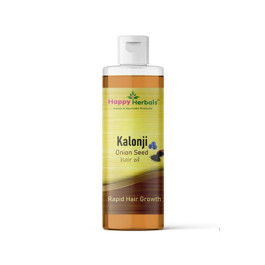 Experience the essence of nature with Happy Herbals' Kalonji Onion Seeds Hair Oil, a nourishing blend crafted to promote healthy hair growth and restore vitality to your locks.