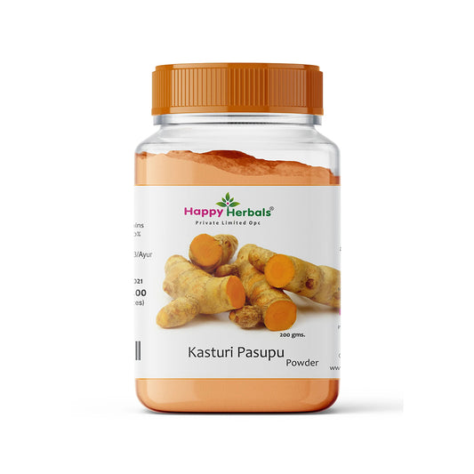 Experience the purity of nature with Happy Herbals' Kasturi Pasupu, a traditional Ayurvedic turmeric blend renowned for its skincare benefits, leaving your complexion radiant and rejuvenated.