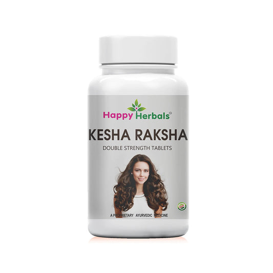 Enhance your hair's vitality with Happy Herbals' Kesha Raksha Tablets, a potent Ayurvedic formula meticulously crafted to nourish your strands from within, promoting strength and lustrous shine effortlessly.