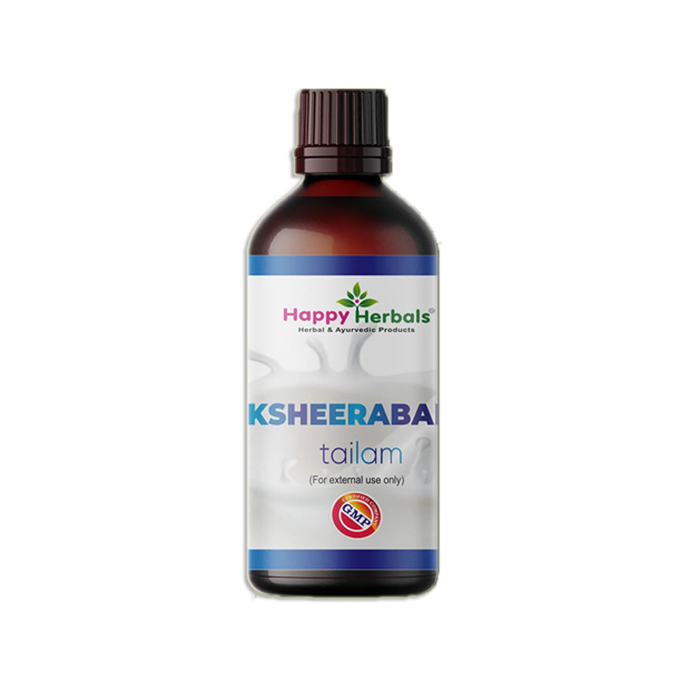 Nourish your body with Happy Herbals' Ksheerabala Tailam, a revered Ayurvedic oil blend crafted to soothe and rejuvenate joints and muscles, promoting flexibility and vitality for enhanced well-being.