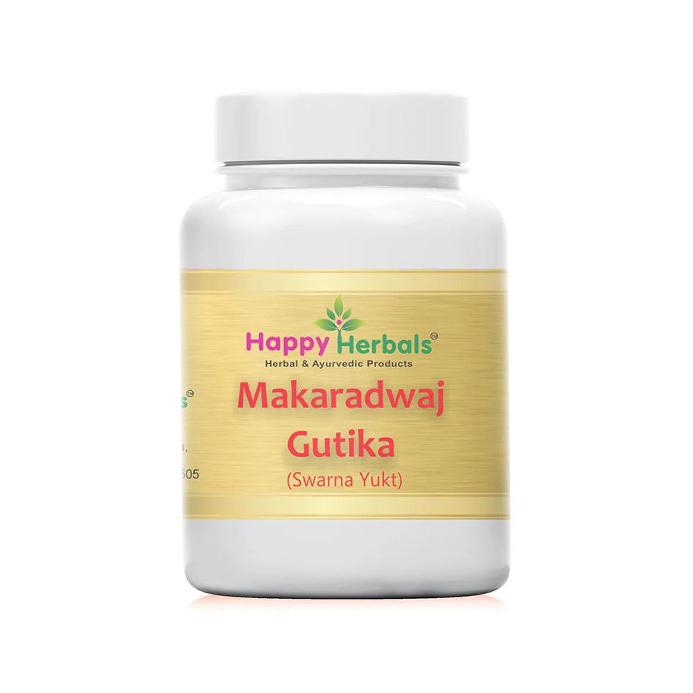 Elevate your vitality with Happy Herbals' Makaradwaj Gutika, a potent Ayurvedic supplement renowned for its rejuvenating properties, promoting overall well-being and vitality for a balanced and energized lifestyle.