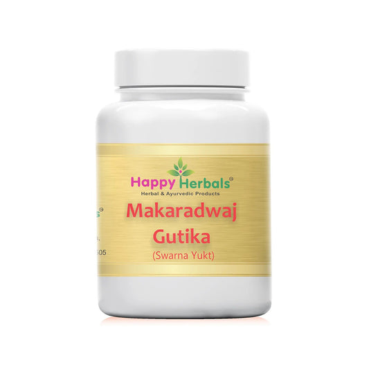 Elevate your vitality with Happy Herbals' Makaradwaj Gutika, a potent Ayurvedic supplement renowned for its rejuvenating properties, promoting overall well-being and vitality for a balanced and energized lifestyle.