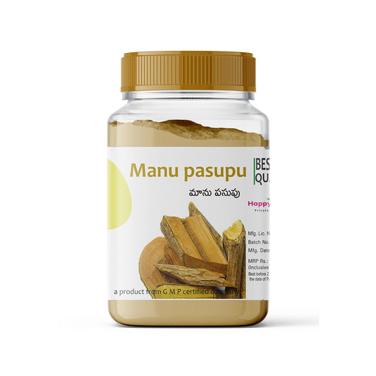 Experience the purity of nature with Happy Herbals' Manu Pasupu Powder, a traditional Ayurvedic blend renowned for its skincare benefits, offering a natural solution for a radiant and rejuvenated complexion, brimming with vitality and wellness.