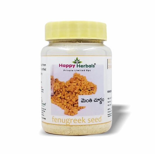 Revitalize your well-being with Happy Herbals' Menthi Churnam, a cherished Ayurvedic blend featuring fenugreek, celebrated for its numerous health benefits, offering a natural solution for improved digestion, metabolism, and overall vitality.