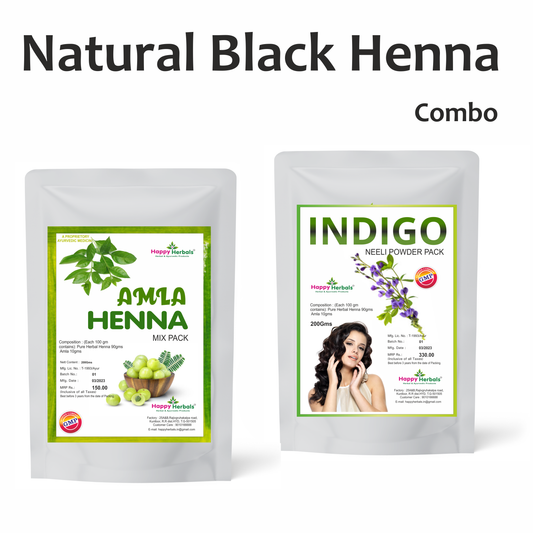 Enhance your hair naturally with Happy Herbals' Natural Black Henna Combo, a blend of pure ingredients meticulously crafted to provide rich color and nourishment, offering a natural solution for vibrant, healthy-looking hair with no compromise on quality.
