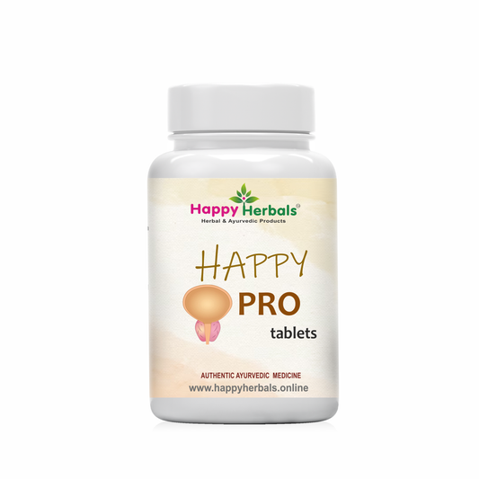 Happy Herbals' Prostate Care Tablets offer a blend of herbal ingredients traditionally used for prostate health. Ingredients like Vanga Bhasma, Mandur Bhasma, and others support prostate function and urine control.