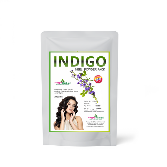 Embrace the richness of color with Happy Herbals' Neeli Powder / Indigo Powder, a natural dye derived from the Indigo plant, offering a chemical-free solution for vibrant hair coloring and nourishment, ensuring luscious locks and overall hair wellness.