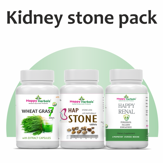 Support your renal health with Happy Herbals' Kidney Stone Pack, a comprehensive Ayurvedic solution expertly formulated to naturally assist in the dissolution and prevention of kidney stones, promoting urinary wellness and comfort.