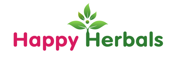 Happy Herbals logo with green leaves on a white background