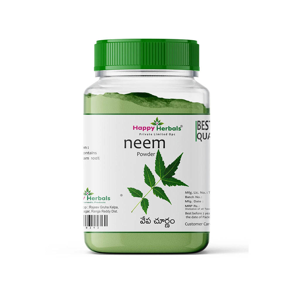 Embrace the purity of nature with Happy Herbals' Neem Powder, a revered Ayurvedic remedy known for its potent antibacterial and antifungal properties, offering a natural solution for clear, healthy skin and overall well-being.