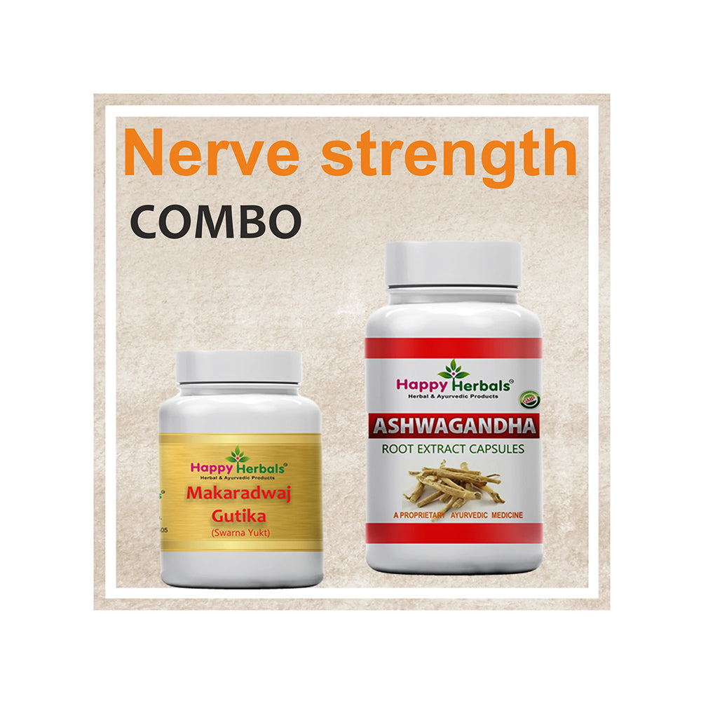 Fortify your nervous system with Happy Herbals' Nerve Strength Pack, an Ayurvedic blend meticulously crafted to support nerve health and promote overall well-being, offering a natural solution for enhanced vitality and resilience.
