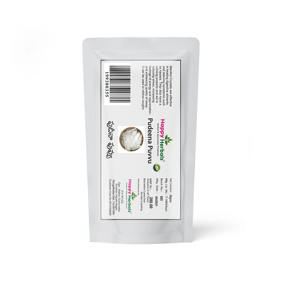HappyHerbals' Pudeena Puvvu (Menthol Crystals) – Pure, potent, and natural. Enhance your well-being with this versatile remedy, perfect for aromatherapy and traditional health practices.
